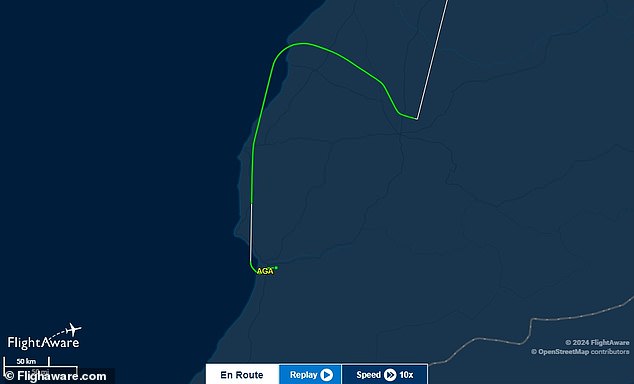 The radar map shows the plane was travelling north before making an abrupt turn to the east and landing in Marrakech, 127 miles northeast of where it took off.