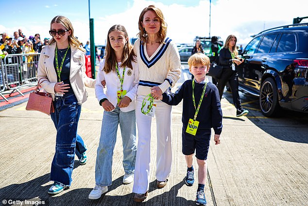 Geri is mum to daughter Bluebell (left), 18, from her relationship with Sacha Gervasi, while Christian is dad to daughter Olivia (second from left) from his marriage to ex-wife Beverley Allen (also pictured is Geri with son Monty).