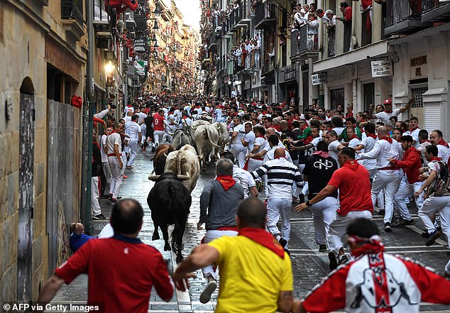 Participants run ahead of "Gago Barley" bulls during the "confinement" (running of the bulls) of the San Fermin festival in Pamplona, ​​northern Spain, on July 8, 2024