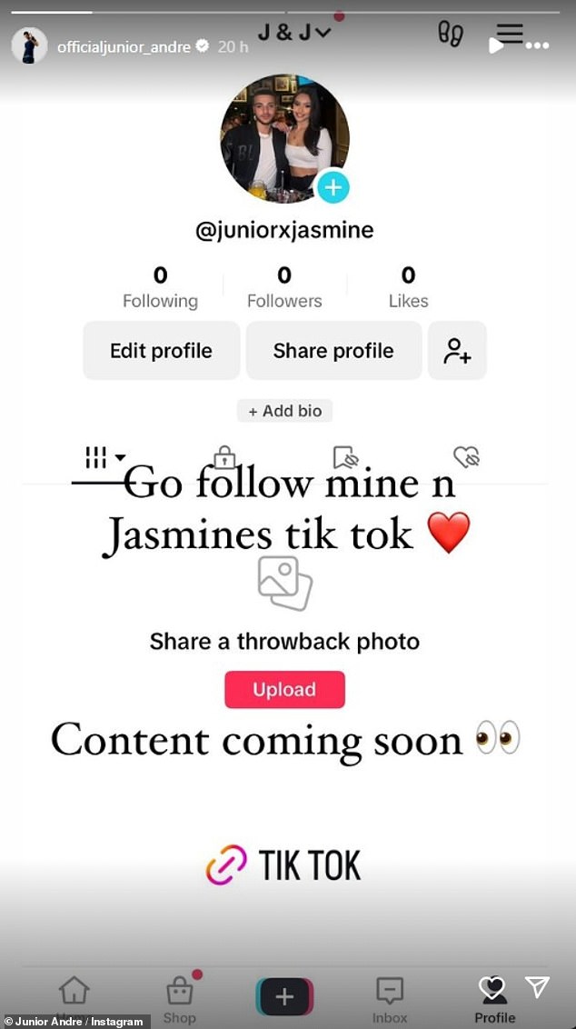 Junior shared a screenshot of his account on his Instagram page with the caption: 'Follow me and Jasmine on TikTok. Content coming soon.'