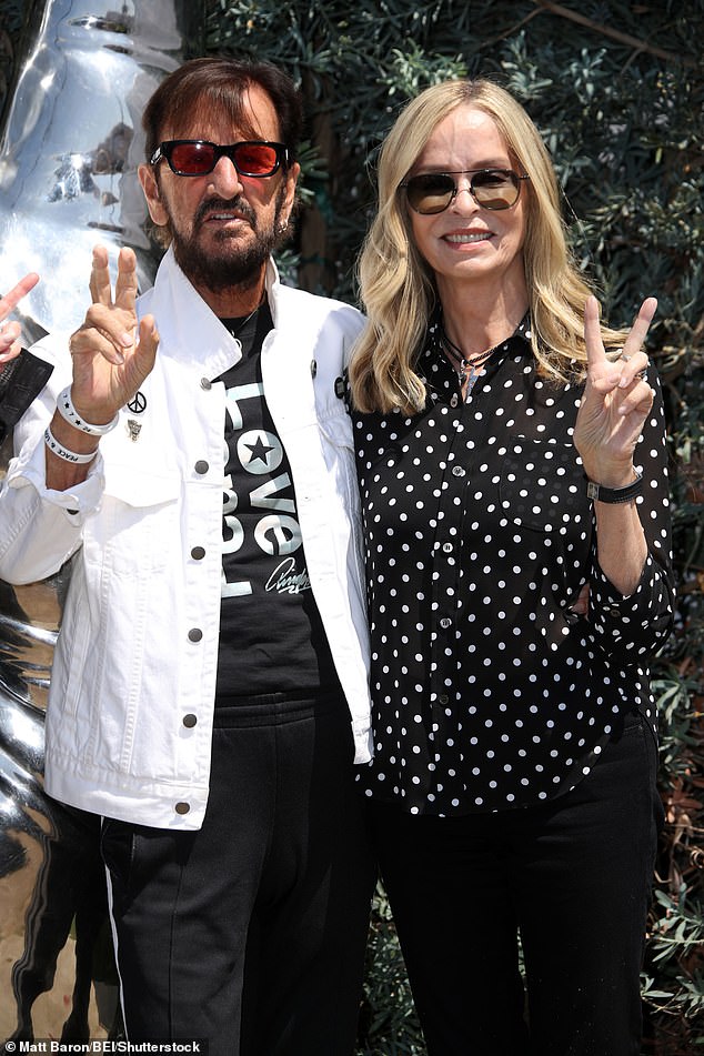 The Beatles star flashed his famous peace sign as he celebrated his birthday with family and friends, complete with musical tributes.