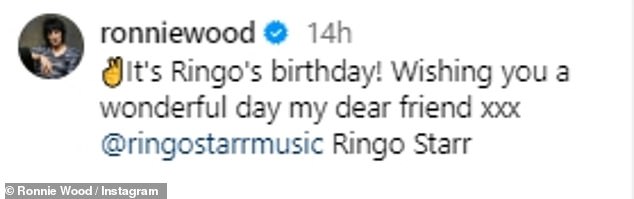 Rolling Stones rocker Ronnie Wood added his own post, writing: '✌It's Ringo's birthday! Wishing you a wonderful day my dear friend xxx'