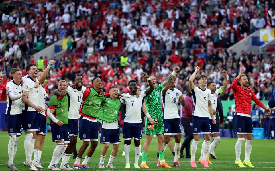 England players celebrate after winning the penalty shoot-out during the UEFA EURO 2024 quarter-final match between England and Switzerland, in Dusseldorf, Germany, on July 6, 2024. UEFA EURO 2024 Quarter-Final - England vs Switzerland