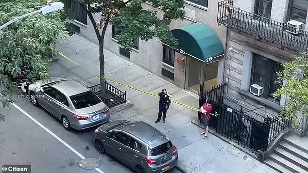 NYPD officers cordoned off the area while forensic teams combed the scene where the body was found.