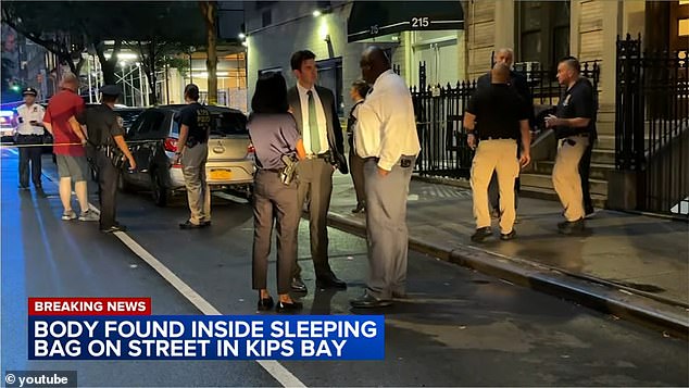 A horrified woman stumbled upon a human body wrapped in a garbage bag on a New York City sidewalk on Saturday, police said.