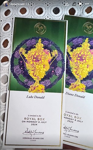 Diane Donald also shared snaps of tickets to Wimbledon