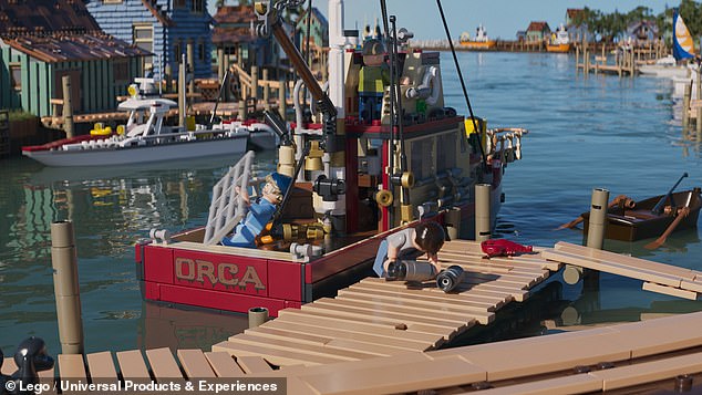 Fans can display the set on a brick-built seawater base, featuring the LEGO JAWS shark model attacking the Orca boat.