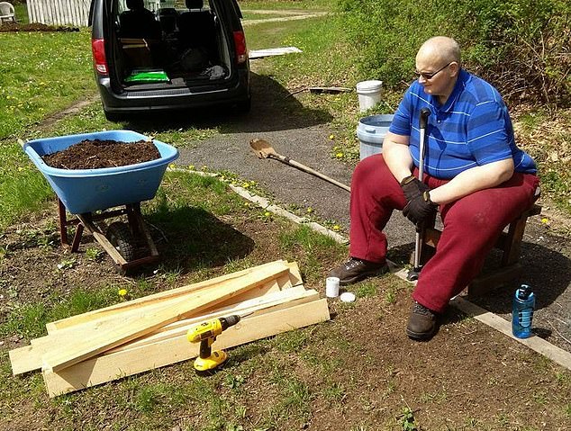 He is unable to walk, so he uses an extra-wide motorized wheelchair to get around and has even taken up a new hobby: gardening (photo from 2017).