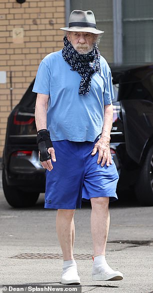 Sir Ian kept a low profile in casual blue shorts and a T-shirt with a hat over his famous face.