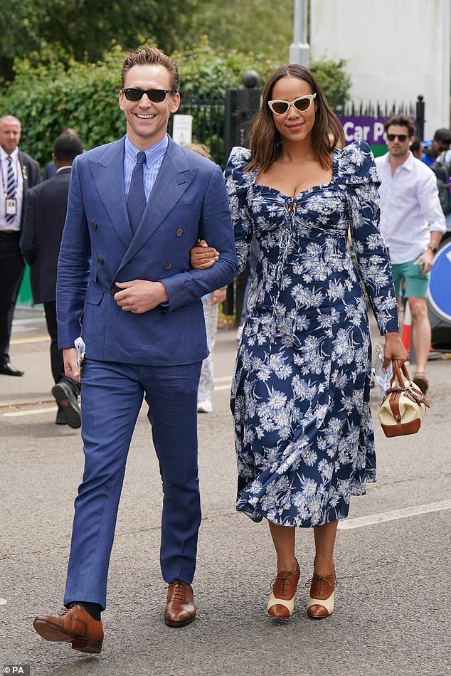 Zawe Ashton (right) and Tom Hiddleston (left) arrived at the 2023 Wimbledon Championships in their finest attire