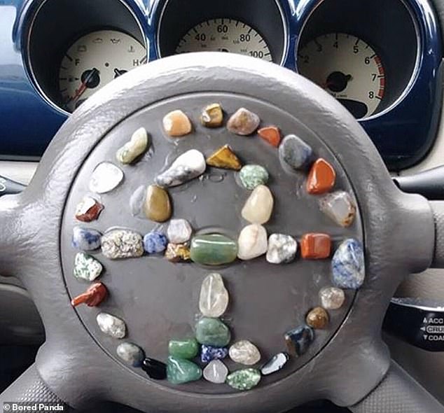 A person 'decorated' the steering wheel of his car with colored stones, but he didn't think about what would happen if the airbag was triggered