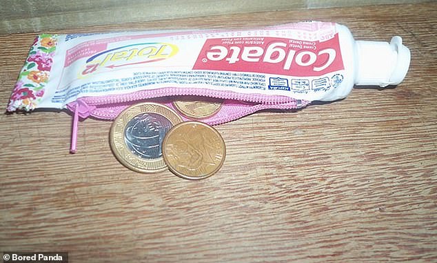 Coined! Elsewhere, someone decided to recycle a toothpaste tube and turn it into a very small coin purse.