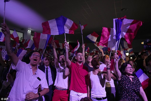 Marine Le Pen's supporters react after the publication of projections based on the actual vote count in selected constituencies, Sunday, June 30, 2024 in northern France. French voters propelled the far-right National Rally party to a strong lead in first-round legislative elections on Sunday and plunged the country into political uncertainty, according to poll projections.