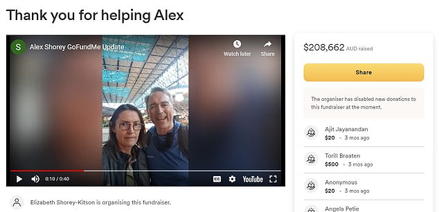 A GoFundMe page set up on behalf of Mr Shorey's parents raised nearly $210,000 in less than two days.