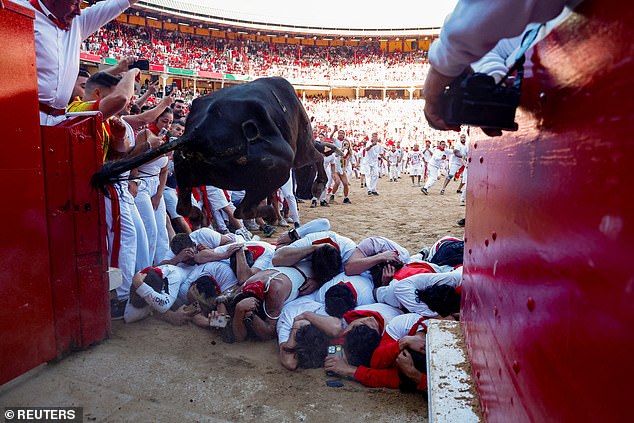 Participants covered their heads as the bull leapt over them as it was led into the arena.