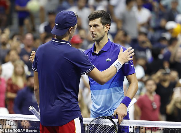 Rune, left, had been cheered on by the US Open crowd as the then 18-year-old Grand Slam debutant took a set off Djokovic in the first round.