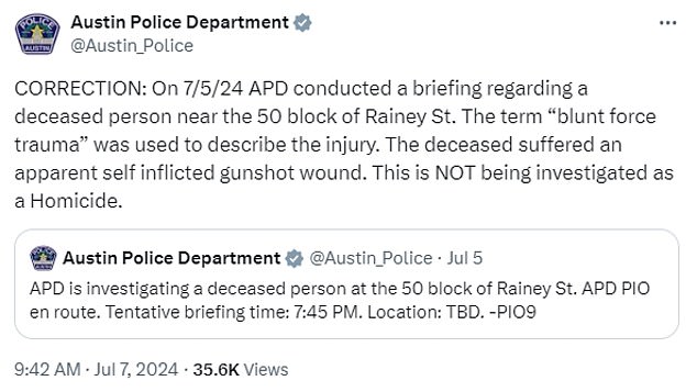 Two days later, the police department said the man had, in fact, shot himself in the head.