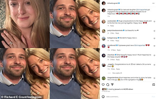 Grant confirmed his daughter's engagement in October, with the actor sharing four images of Olivia, Herbst, and her massive diamond ring.