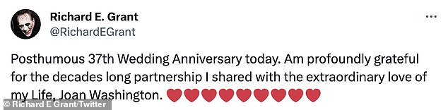 In November, the actor paid tribute to Joan, whom he married in 1986, on what would have been their 37th wedding anniversary.