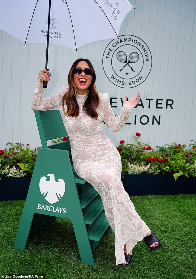 Myleene Klass, 46, brought even more glamour to the competition in a long white lace dress with striking shoulders.