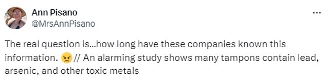 Women took to social media to express their shock and concern over research that found tampons contained toxic metals - however researchers have refused to reveal which 14 brands they tested.