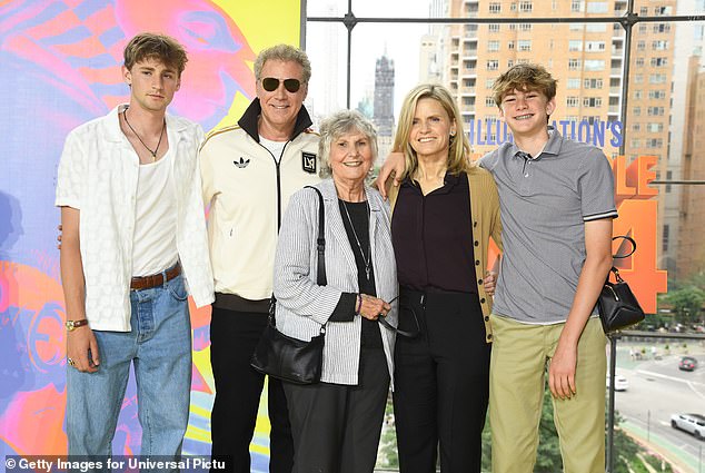 Ferrell with his mother Betty Kay Overman, his wife Viveca Paulin and two of his three sons, Magnus and Axel, at the premiere of Despicable Me 4