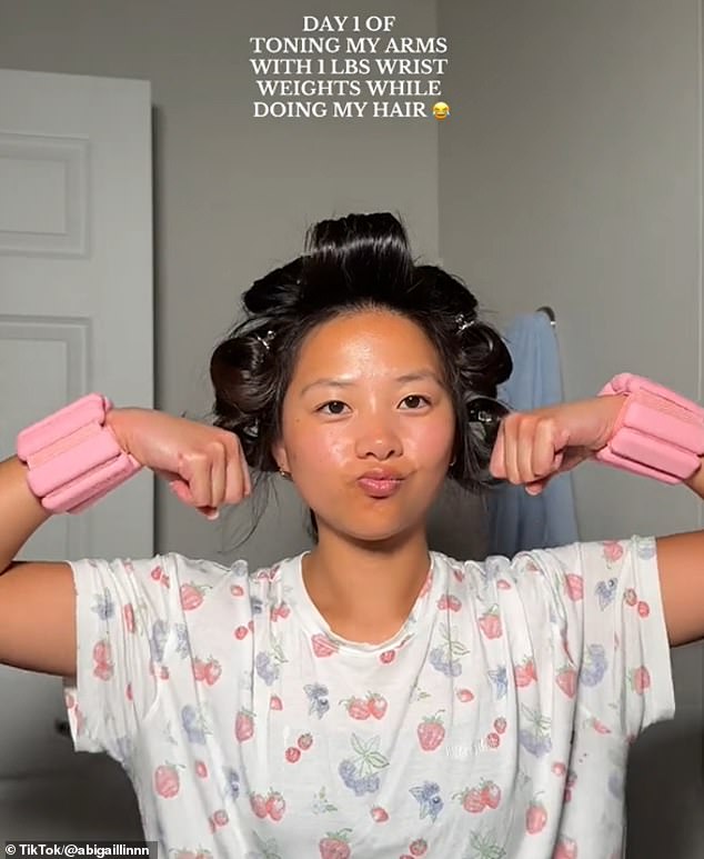 Hair influencer Abigail Lin also grabbed her one-pound wrist weights for a spin while she blow-dried her hair and put it in rollers.