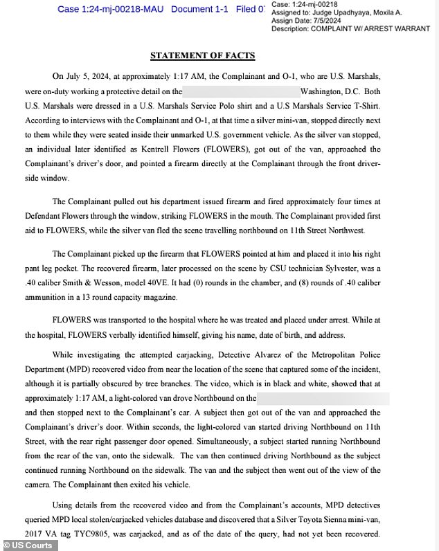 Flowers was transported to a local hospital for treatment of non-life-threatening injuries and was arrested and charged with armed vehicle theft, carrying a pistol without a license and possession of a large-capacity ammunition feeding device.