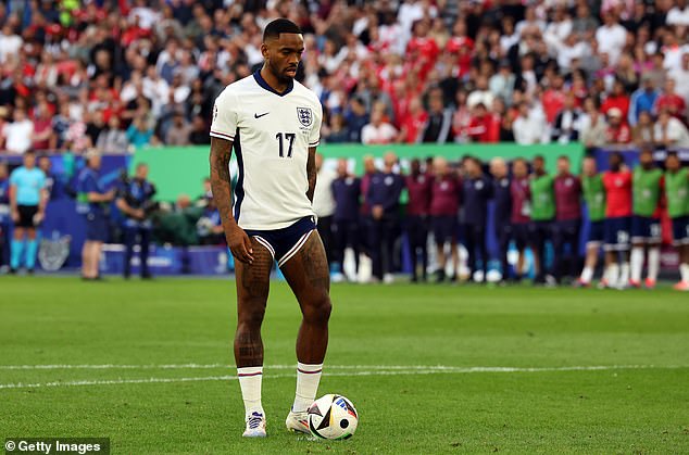 Toney prepares to take his no-look penalty, the fourth in the quarter-final shoot-out. England fans and players alike were stunned by the Brentford man's confident, nonchalant technique.