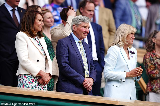 July 4, 2024: Kate's parents Carole and Michael Middleton in the royal box for the Wimbledon Championships last week alongside All England Club president Debbie Jevans (right).