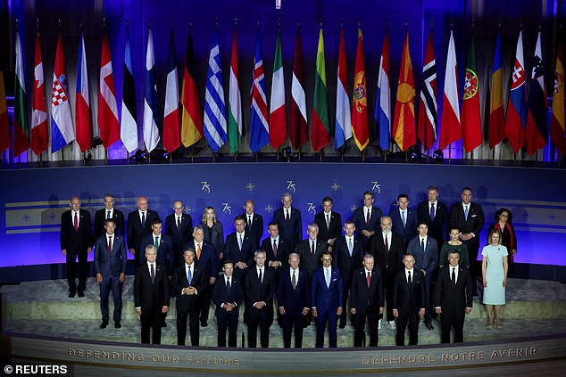 NATO heads of government pose for a photo at the celebration of NATO's 75th anniversary