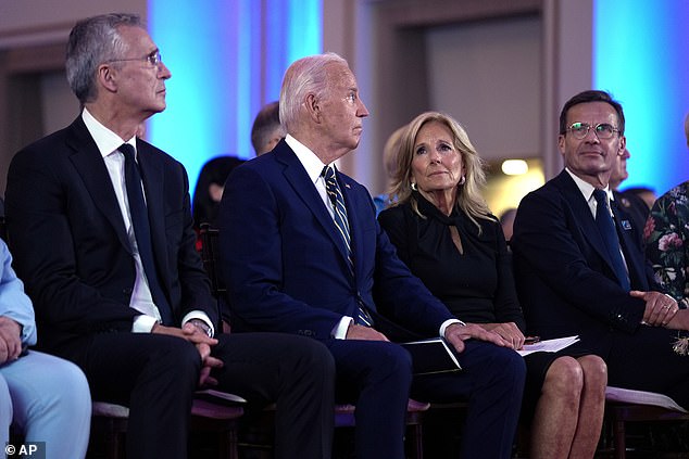 NATO Secretary General Jens Stoltenberg, from left, President Joe Biden, First Lady Jill Biden and Prime Minister of Sweden Ulf Kristersson at the welcoming ceremony