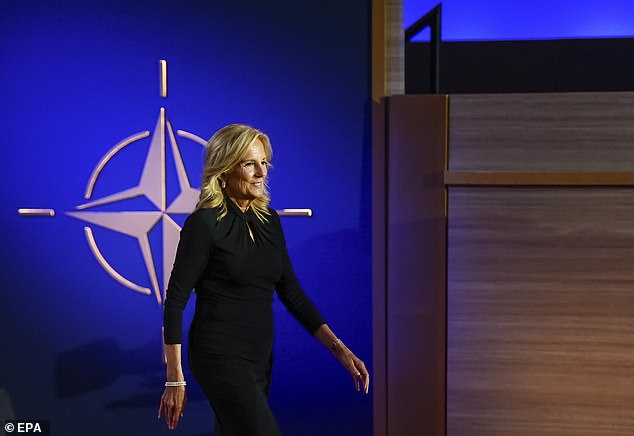 First Lady Dr. Jill Biden arrives for the NATO 75th Anniversary Ceremony at Mellon Auditorium in Washington DC