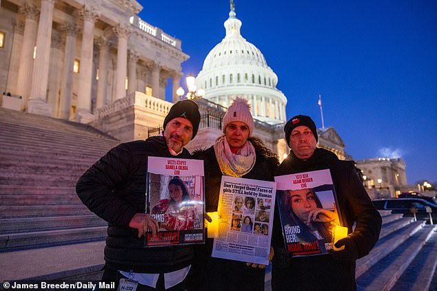 The Daily Mail previously highlighted their plight along with that of fellow hostages Agam Berger and Liri Albag, both 19, in a powerful article shown at the UN (pictured: Ran Gilboa, Orly Gilboa and Shomi Berger)