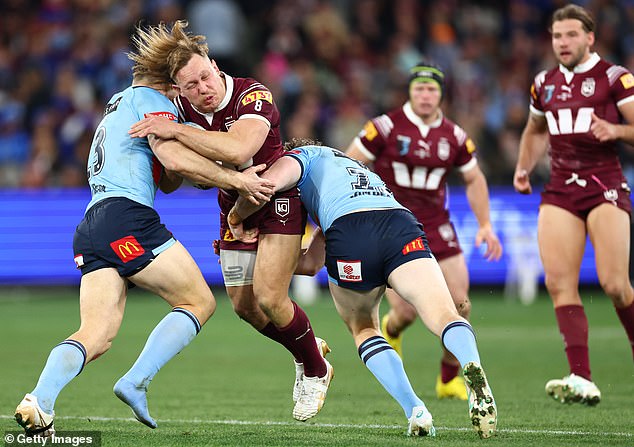 This comes after Billy Slater's men were beaten by the rampant NSW Blues in the second game at the MCG last month, with the match ending before half-time (pictured: Maroons star Reuben Cotter)