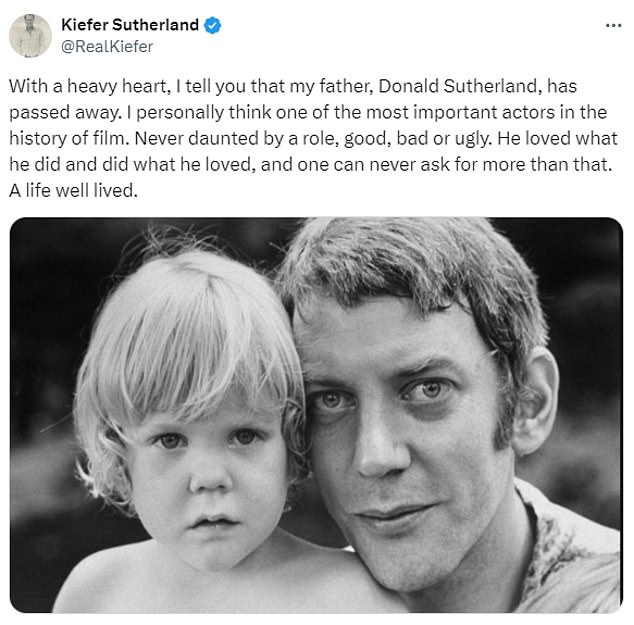 Actor Kiefer Sutherland confirmed his father's passing in a post on X/Twitter accompanied by an old photo of the couple.