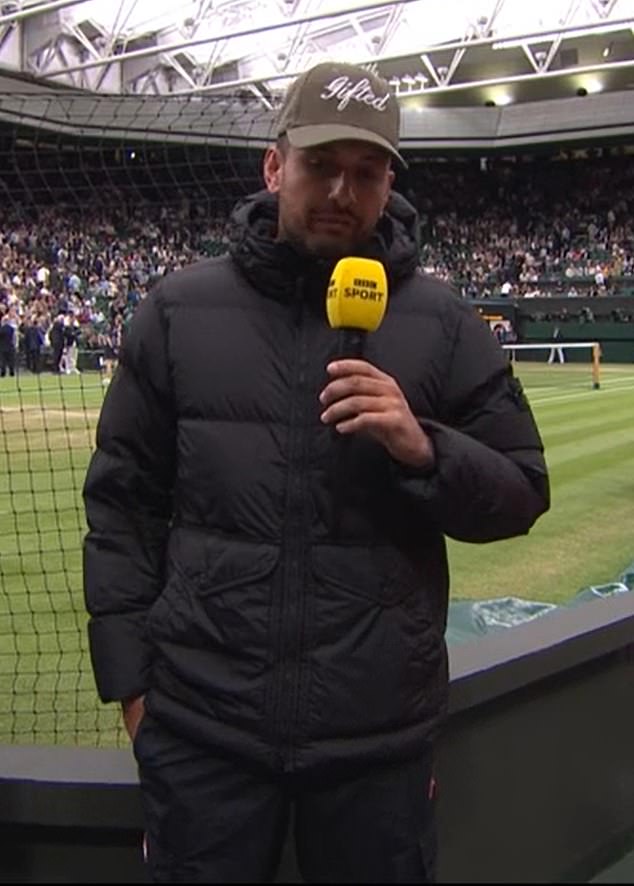 Toasted: The player-turned-commentator was technically inside Centre Court, with the roof up... but he was still wearing his Stone Island jacket with a pair of pants.