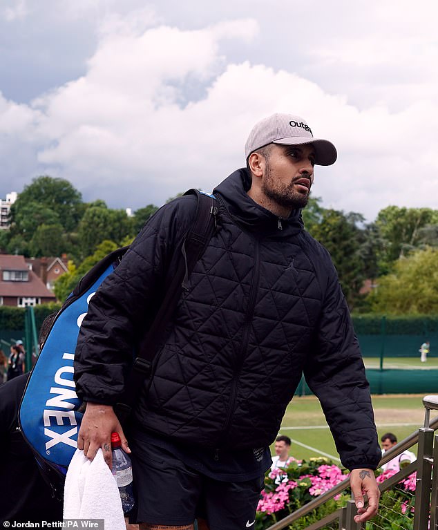 Last week, Kyrgios wore a lighter padded jacket while training with friend Novak Djokovic.