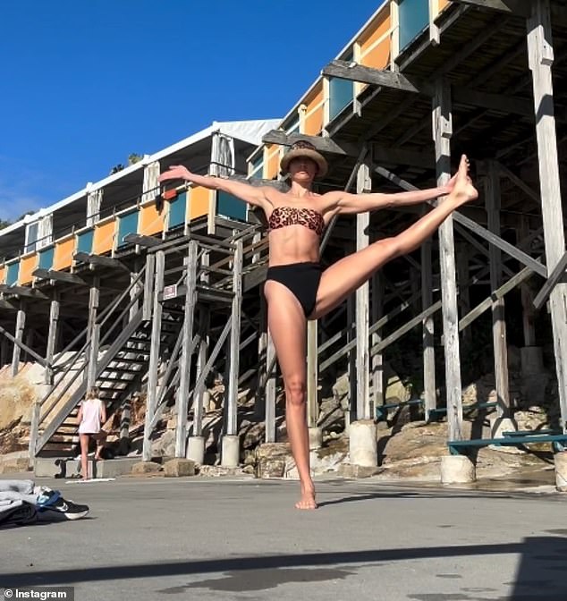 She completed her workout routine with a balancing exercise in which she lifted one leg into the air.