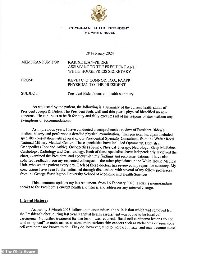 DailyMail.com reached out to the White House for comment. They responded with a screenshot of the neurology section of Biden's February health summary following his annual checkup.