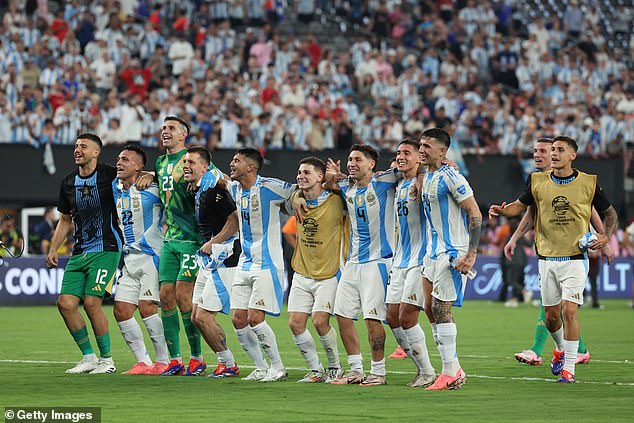 Argentina players celebrate after the final whistle of their 2-0 victory at MetLife Stadium