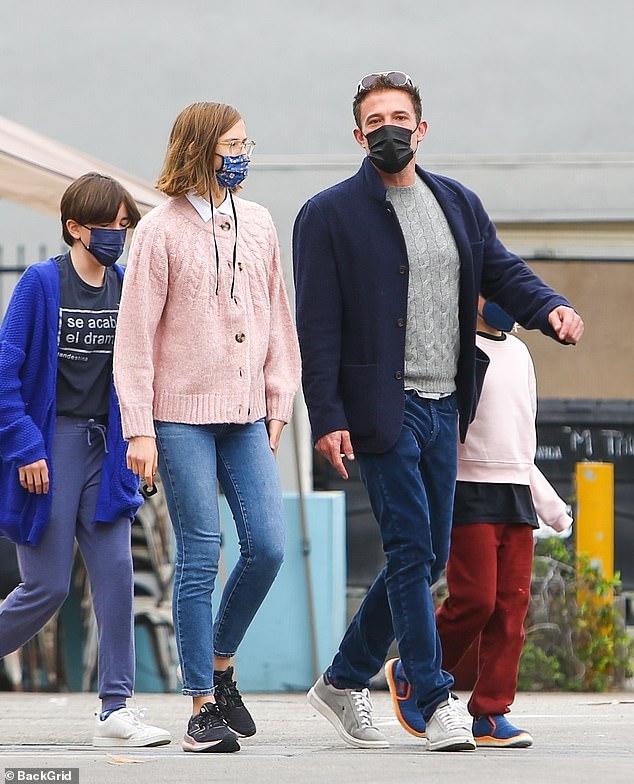 Violet has been seen consistently wearing a mask over the past few years, long after COVID-19 mask mandates, though her parents never publicly explained why; seen with Ben in 2021