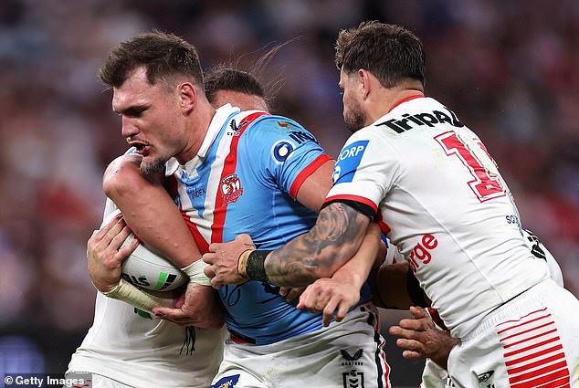 The Roosters' clash with the Dragons on April 25 is a highlight of the NRL calendar every year (pictured, football star Angus Crichton)