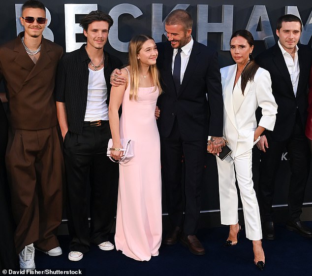 (From left to right) Romeo Beckham, Cruz Beckham, Harper Beckham, David Beckham, Victoria Beckham and Brooklyn Beckham