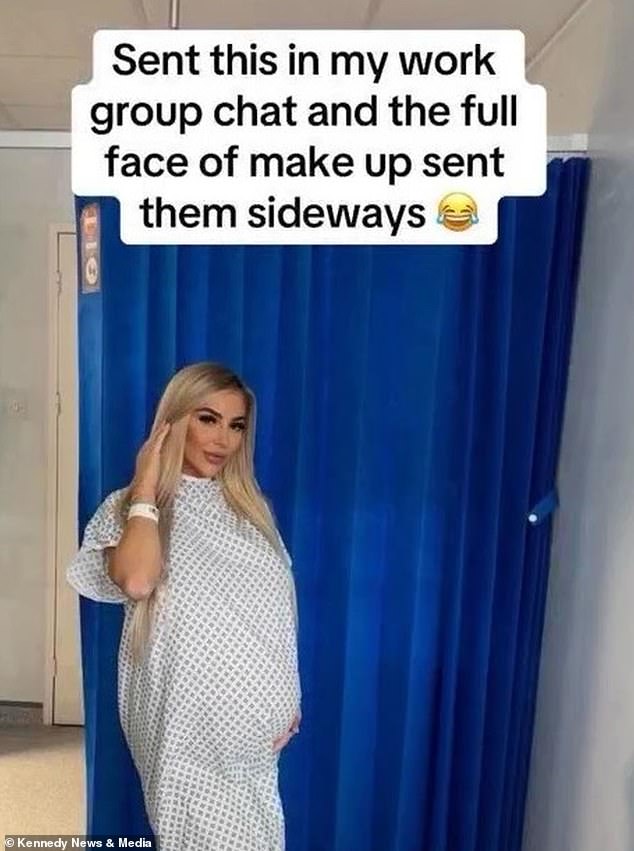 Bromley took a photo in her dress before her caesarean section and sent the image of her glamorous look to her colleagues.