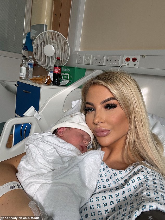 Bromley was photographed sharing a hug with her son shortly after he was born via Caesarean section. Knowing the exact time of birth, the 28-year-old woke up two hours early to put on full makeup and straighten her hair.