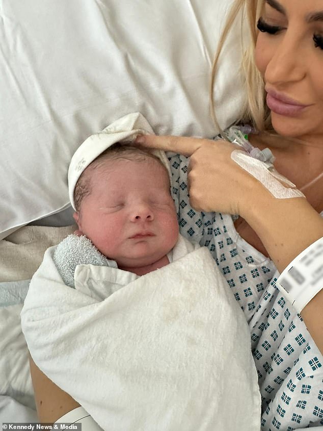 Newborn baby Cove pictured with his glamorous mum. Since sharing a post about his C-section on TikTok, Bromley's post has received over 300,000 views and almost 500 comments.