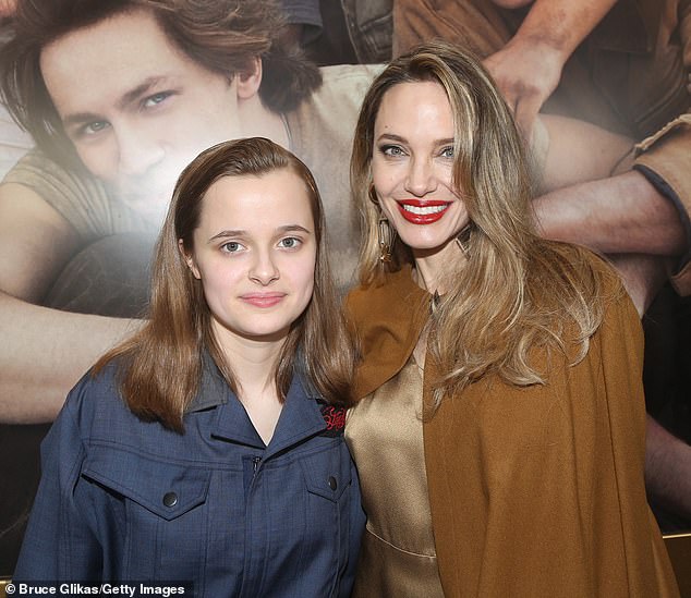 Pitt's youngest daughter Vivienne also dropped the surname Pitt from her moniker in The Outsiders Playbill in May; Angelina and Vivienne pictured on April 11