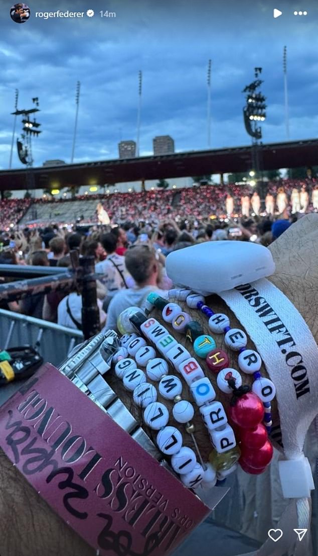 Federer posted the friendship bracelets he acquired at the Eras Tour show on Tuesday night.