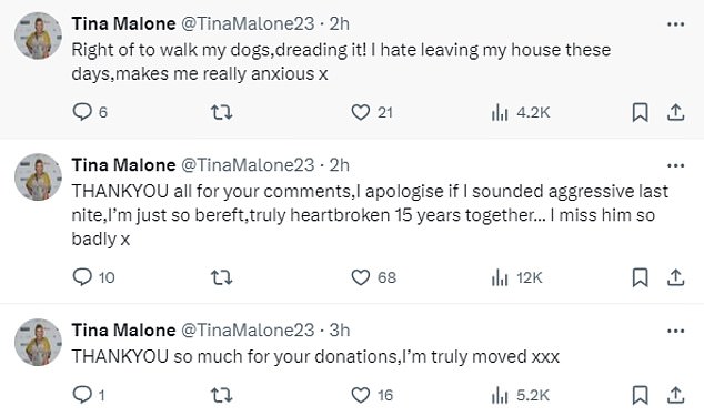 Tina then added that she was going to try to get out of the house and take her dogs for a walk, but admitted that leaving the house makes her feel 